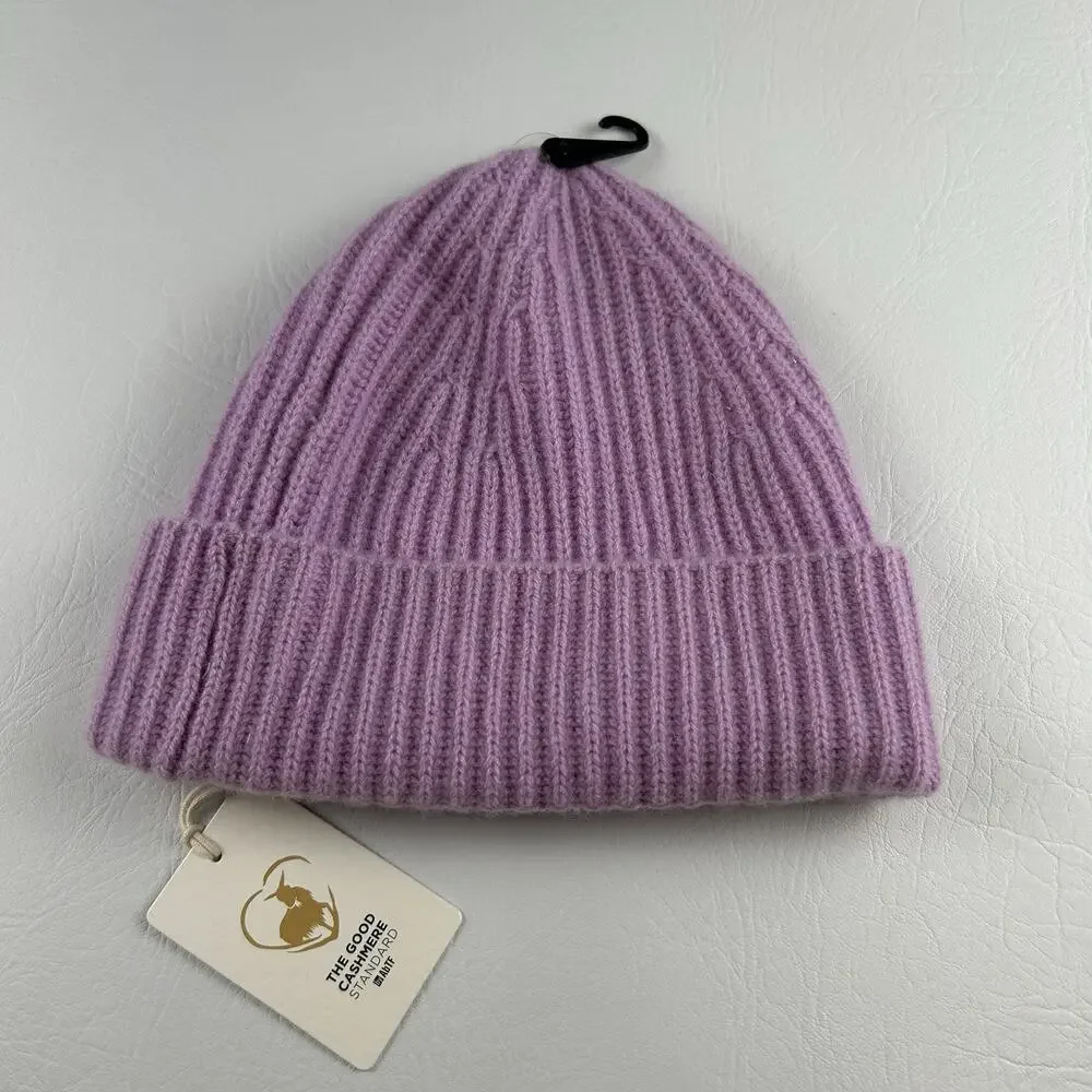 100% Cashmere Violet Ribbed Knit Beanie Cuffed Winter Hat Women’s